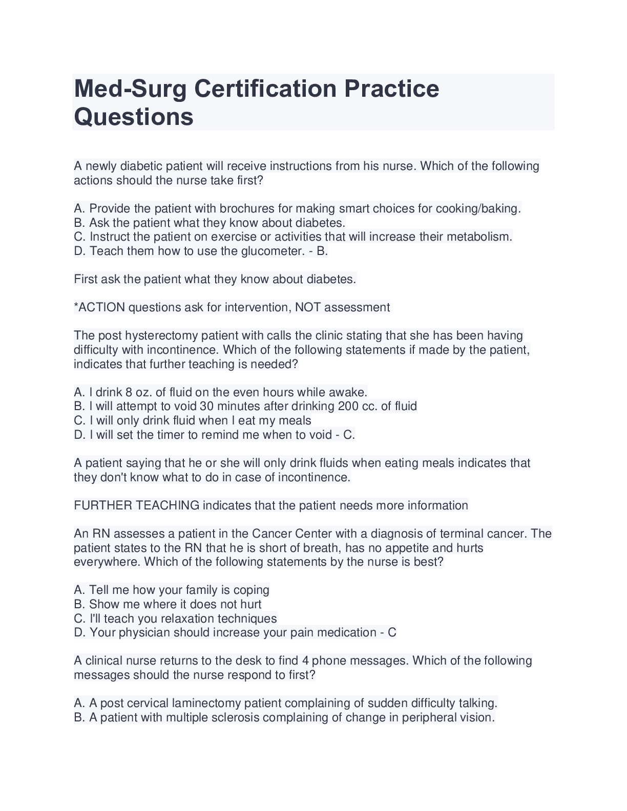 Preview image of Med-Surg Certification Practice Questions Latest With complete solution document